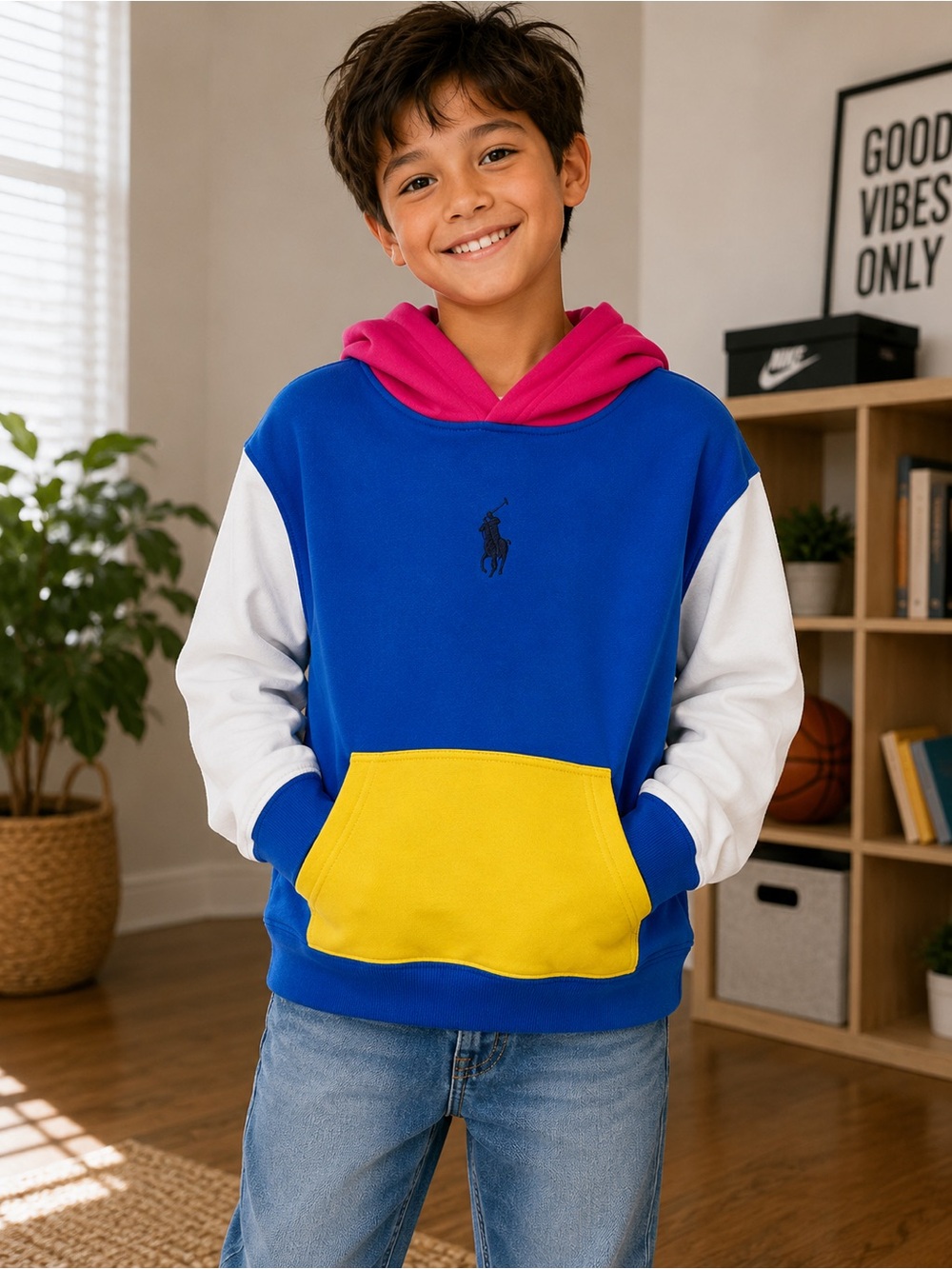 Polo Ralph Lauren Boys Colorblock Hoodie Youth Large 12-14 Blue Pink Pullover